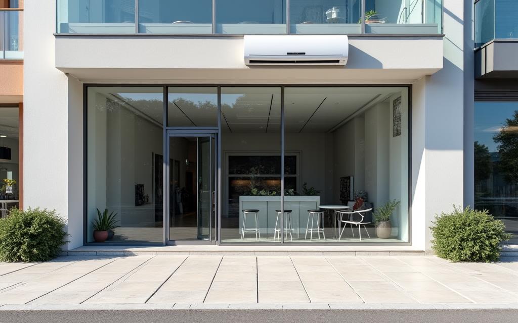 Fachada de uma loja moderna com unidade exterior de ar condicionado