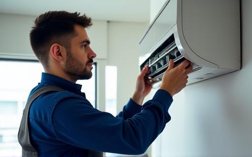 Técnico a instalar uma unidade de ar condicionado
