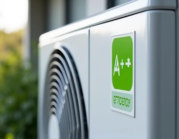 Unidade de ar condicionado moderna com um selo de eficiência energética A+++
